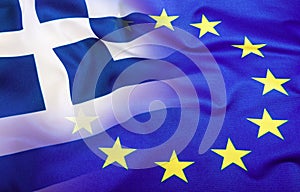 European Union and Greece. The concept of relationship between EU and Greece. Waving flag of EU and Greece