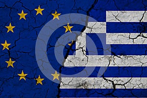 European Union and Greece flag on textured cracked ground. The concept of cooperation between the two countries. 3d rendering