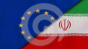 European Union Iran national flags. News, reportage, business background. 3D illustration