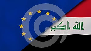 European Union Iraq national flags. News, reportage, business background. 3D illustration