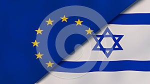 European Union Israel national flags. News, reportage, business background. 3D illustration