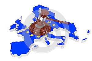 European Union Justice Concept. Wooden Justice Gavel with Soundboard over EU Map with Flag. 3d Rendering