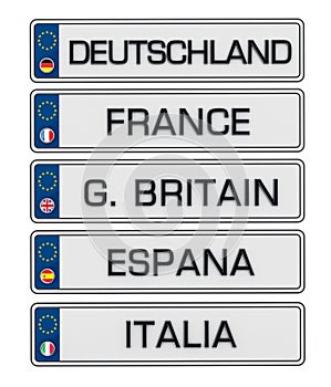 European Union license plates isolated on white background. 3D illustration