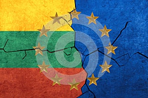 European union and Lithuania flags breaking apart