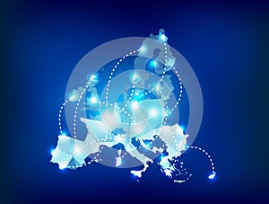 European Union map polygonal with spot lights plac