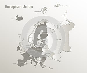 European Union map, separates Europe states with names, card paper 3D natural