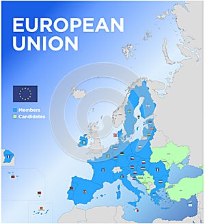 European Union map with the territorial division of the states with names and flags