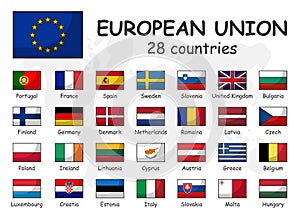 European union and membership flag . Association of 28 countries . Modern simple cartoon outline design and doodle world map