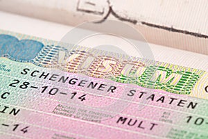 European Union Schengen countries visa in passport - close up shot