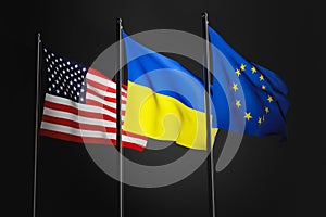 European Union, Ukraine and USA flags in the wind, 3d rendered illustration. Flags of partners, alliance in dark low-key
