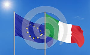 European Union vs Italy. Thick colored silky flags of European Union and Italy. 3D illustration on sky background. - Illustration