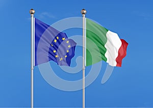 European Union vs Italy. Thick colored silky flags of European Union and Italy. 3D illustration on sky background. - Illustration