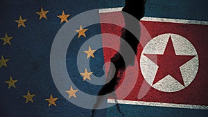 European Union vs North Korea Flags on Cracked Wall