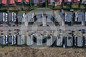 European urban suburban cityscape, aerial view of residential houses and yards