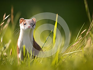 European weasel (Mustela ludoviciana) in grass. Made with Generative AI