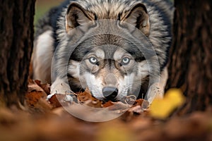 EUROPEAN WOLF Canis lupus, Portrait of an adult male wolf in the forest