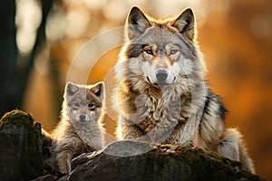 EUROPEAN WOLF Canis lupus, portrait of a female with cubs in the forest