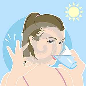 European Woman Drinks Water with OK hand