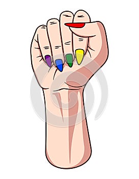 European woman or girl hand raised into air. Protest symbol of lgbt female art with fist. Illustration isolated on white