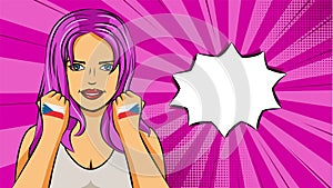 European woman paint hands of national flag Czech Republic in pop art style illustration. Element of sport fan illustration for mo