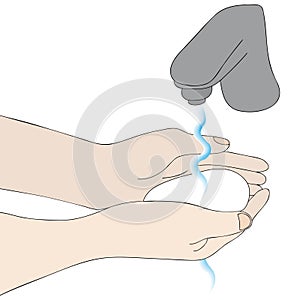 The European woman washes her palms with soap. Colored vector illustration. Water is pouring from the tap. Washing hands