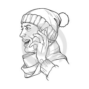 European young man in winter clothes speaking on the phone and smiling. Black and white linear sketch isolated n white