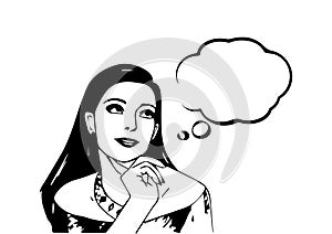 European young woman dreaming about something. Vector black and white illustration