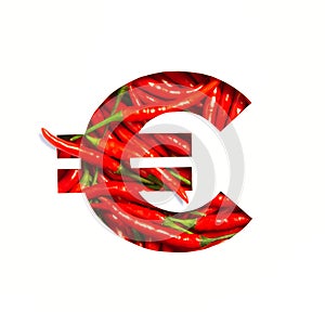 Euros currency sign of hot red chili peppers and cut paper isolated on white. Spicy veggie typeface