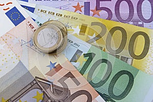 Euros (EUR) coins and notes.