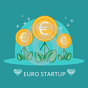 Euros money flowers set. Decorative plants on a blue background. Vector illustration.