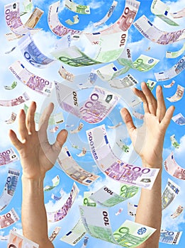 Euros Raining Falling Hands Money