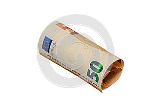 euros rolled into a tube, 50 euro bills on a white background 2