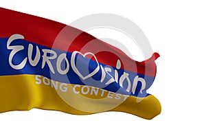 Eurovision with Armenia flag, Eurovision in Armenia Song Contest. 3D work and 3D image, Yerevan, Armenia - 2022 Oct 29