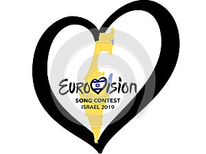 Eurovision Song Contest 2019 in Israel on white background. Song contest Concept. Music Heart with lettering. Vector illustration
