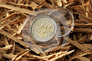 Eurozone coinage and numismatics. 2 Euro coin in a transparent plastic capsule.