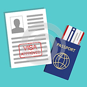 Eurozone Europe Visa Approved Stamp on Document. Passport with Ticket. Travel Immigration Stamp. Vector Illustration