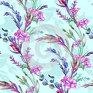 Eustoma twigs drawn with watercolors and pencils. Seamless botanical pattern with purple flowers