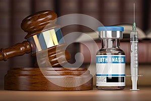 Euthanasia concept. Gavel as a symbol of legal system vith vial and syringe