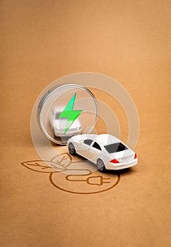 EV car, Electric energy vehicle with sustainable development concept. Electric battery charge icon on round mirror reflection the