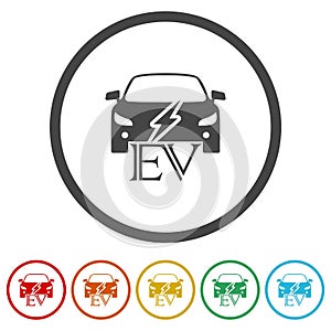 EV car electric vehicle charger logo icon. Set icons in color circle buttons