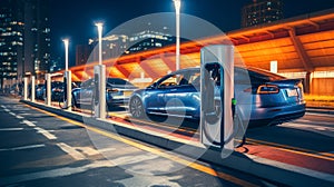 EV Car or Electric vehicle at charging station with the power cable supply plugged in on blurred nature with blue enegy