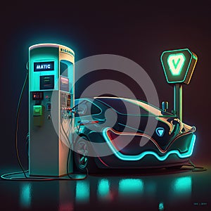 EV car with glowing car lamp light and EV charger station, Generative Ai
