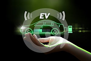 EV Charging calculating time remaining. Reducing carbon footprint charging stations, battery tech enhance fuel efficiency, combat