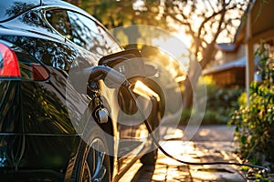 EV charging car on a sunny summer day ourside his garage. Generative AI
