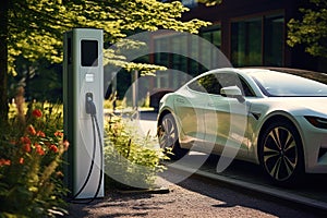 EV charging car on a sunny summer day ourside his garage. Generative AI