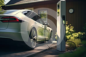 EV charging car on a sunny summer day ourside his garage. Generative AI