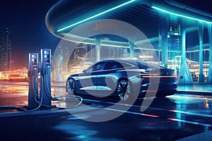 ev charging station for electric car in concept of green energy. generative ai