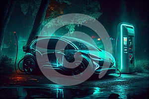 EV charging station for electric car in foggy night. Generative AI