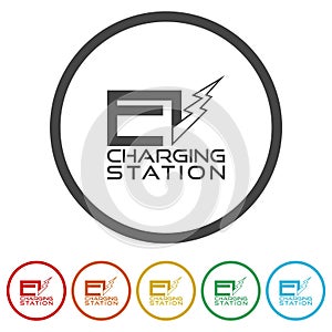 EV charging station logo. Set icons in color circle buttons