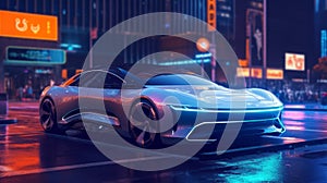 EV electric car system futuristic car in night with modern city,generated with AI.